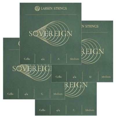 Embalagens verdes de cordas para violoncelo Larsen Strings Sovereign com texto dourado