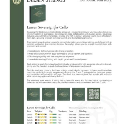 Folheto informativo Larsen Strings para conjunto Larsen Sovereign para violoncelo com texto, imagens e código QR