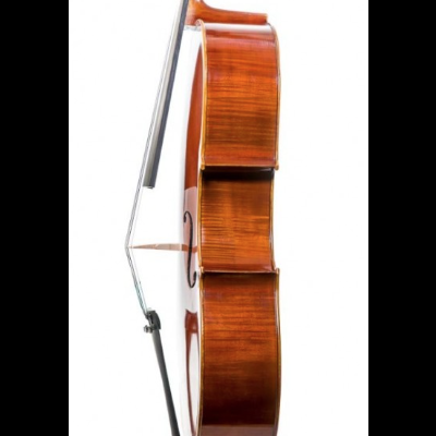 Violoncelo de madeira castanha com braço escuro em fundo branco