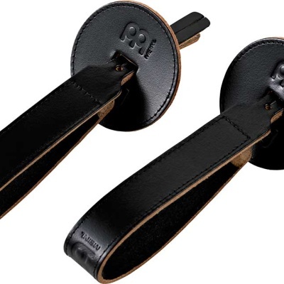 Par de alças de couro pretas para câmera com botões de pressão e logo POOF.