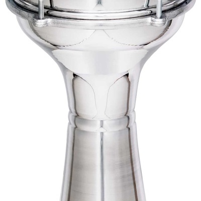 Darbuka em metal cromado com pele branca e logotipo MEINL