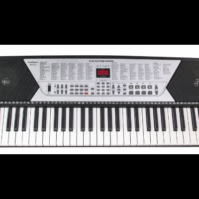 Teclado eletrônico preto com 54 teclas e painel superior cinzento com botões e visor digital