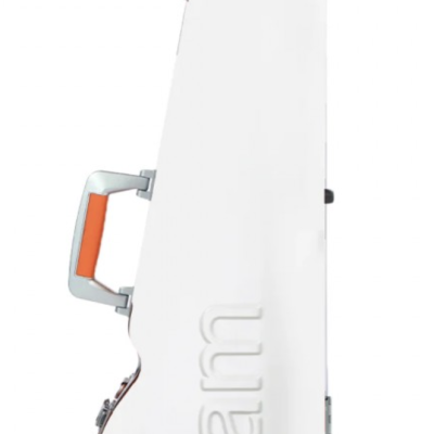 Estojo rígido branco para instrumento com pega cinza e laranja e texto em relevo bam