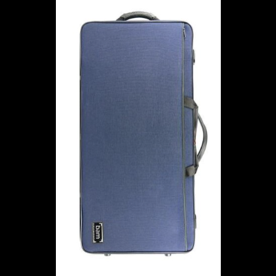 Estojo rígido azul com etiqueta bam e fecho de correr preto