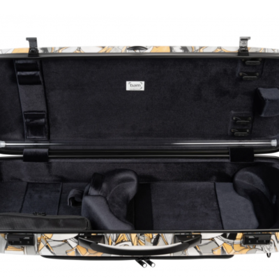 Estojo para violino aberto com interior preto e padrão geométrico colorido no exterior