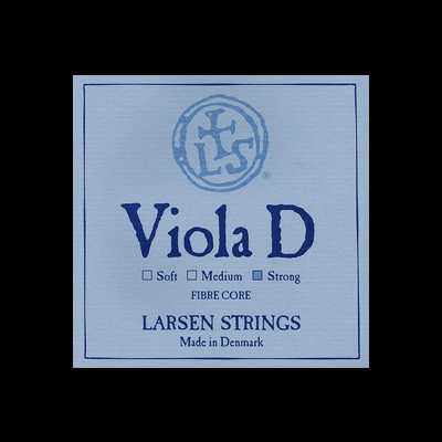 Embalagem azul clara de cordas para viola com texto azul escuro e marca Larsen Strings