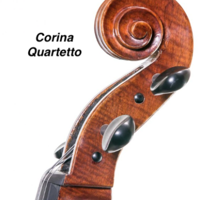 Violino castanho com cravelhas pretas e texto Corina Quartetto