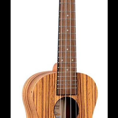 Ukulele de madeira clara com riscas escuras e braço escuro com trastes e cordas brancas