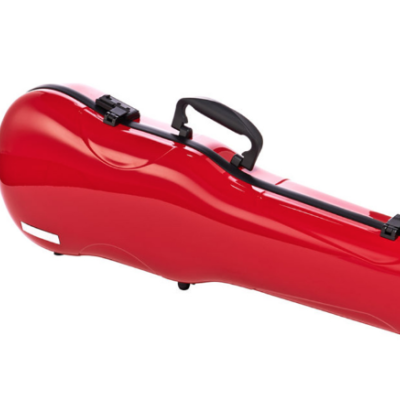 Estojo vermelho para violino com fechos pretos e pega preta