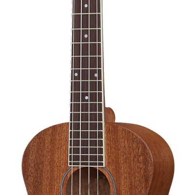 Ukulele acústico em madeira castanha com quatro cordas e afinadores cromados.