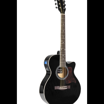 Guitarra acústica elétrica preta com acabamento brilhante e contornos brancos.