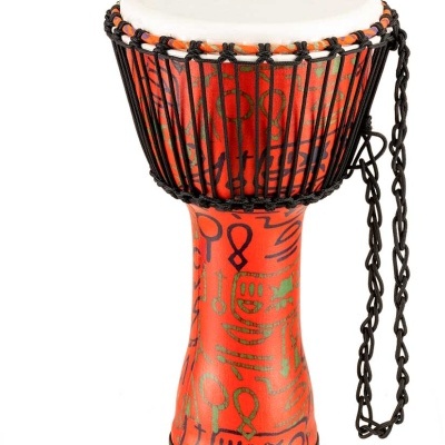Djembe vermelho com padrões pretos, pele branca e cordas pretas