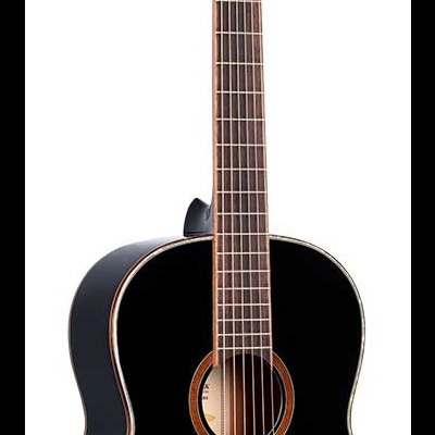 Guitarra clássica preta com tampo brilhante e braço castanho escuro