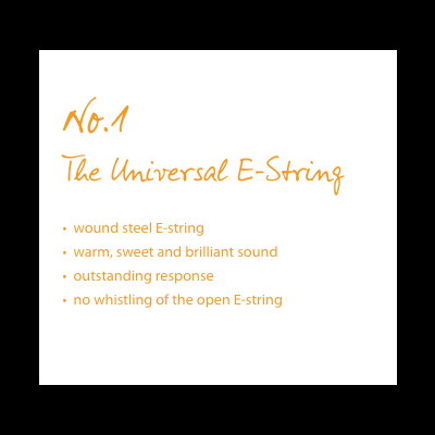 Texto em laranja com características da corda 'The Universal E-String'