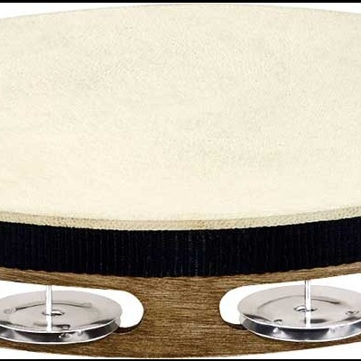 Tamborim com armação de madeira clara e pele bege com placas metálicas