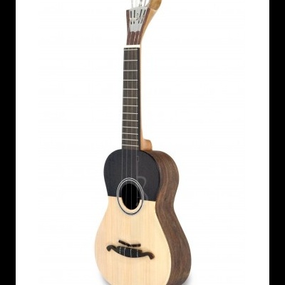 Guitarra pequena de madeira clara e escura isolada