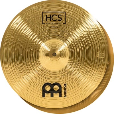 Par de pratos de bateria dourados com inscrições HCS MADE IN GERMANY e MEINL