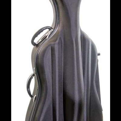 Estojo rígido preto para violoncelo com fechos metálicos e pegas