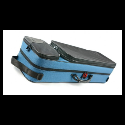 Mala de transporte azul com fechos pretos e vermelhos