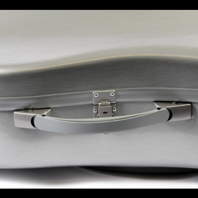 Mala rígida cinzenta com fecho prateado e pega dobrável