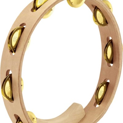 Pandeireta de madeira clara com fitas metálicas douradas em fundo branco