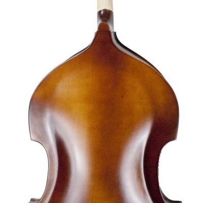 Contra-baixo acústico castanho visto de trás com braço claro