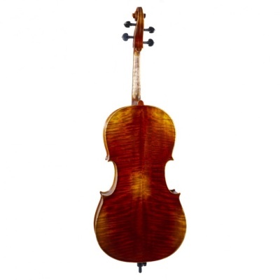 Violoncelo de madeira com acabamento brilhante e padrão de textura em tons castanho-avermelhados