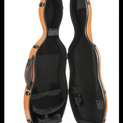 Estojo para guitarra madeira cor clara aberto, forro veludo preto, fechos metálicos e pega preta