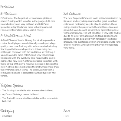 Texto impresso sobre variantes, opções e embalagem de cordas para violino Perpetual.