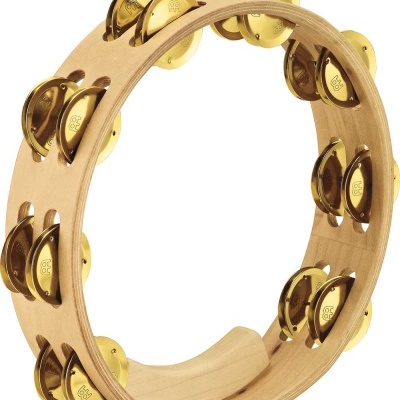 Pandeireta de madeira clara com discos metálicos dourados