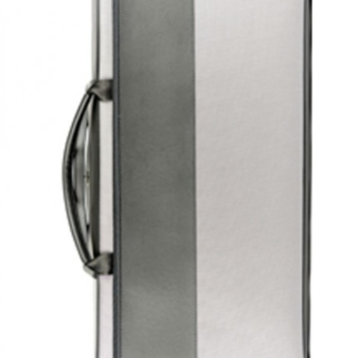 Estojo rígido retangular cinza e branco com alça e etiqueta BAM FRANCE