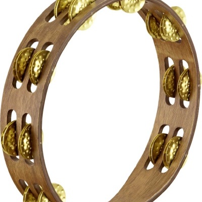 Pandeireta de madeira castanho escuro com campainhas douradas