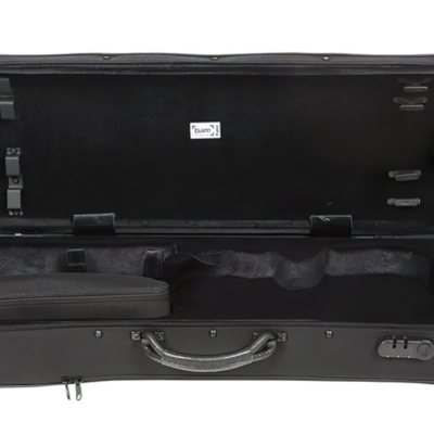Estojo rígido preto para violino aberto com interior em veludo preto