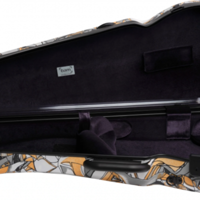 Estojo de violino aberto com interior preto e exterior colorido com padrão abstrato