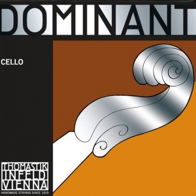 Design gráfico com texto DOMINANT, CELLO e logótipo Thomastik Infeld Vienna, com ilustração abstrata da alma de violoncelo