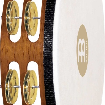 Pandeireta de madeira com pele branca e placas metálicas douradas, com texto MEINL