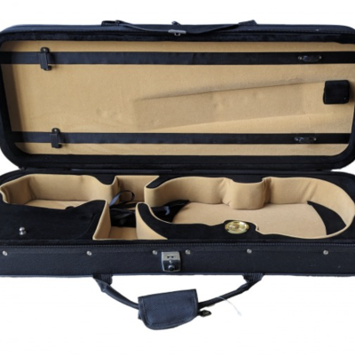 Estojo aberto para violino com interior almofadado castanho claro e exterior preto