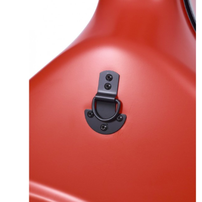 Parte de trás de uma caixa para instrumento musical laranja com suporte preto para pendurar