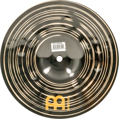 Prato de bateria preto com linhas douradas e logotipo amarelo MEINL