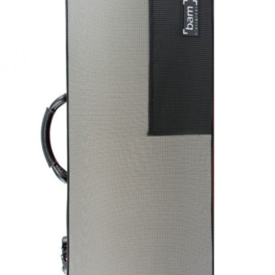 Estojo rígido para instrumento musical com tecido vermelho, cinza e logótipo bam