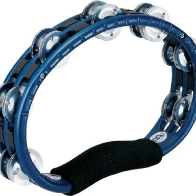 Pandeireta azul com címbalos prateados e pega preta