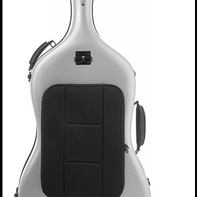 Estojo rígido cinza para violoncelo com compartimento frontal acolchoado preto