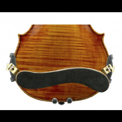 Suporte para violino em madeira castanha com almofada preta curva