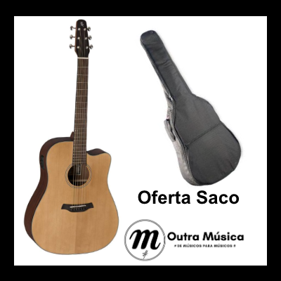 Guitarra acústica com capa preta e logotipo Outra Música