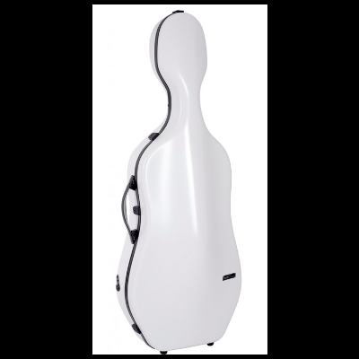 Estojo rígido branco para violoncelo com fechos pretos e pega lateral