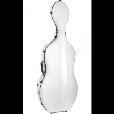 Estojo rígido branco para violoncelo com fechos pretos e pega lateral