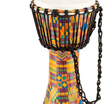 Djembe colorido com padrões geométricos e pele branca com logotipo MEINL