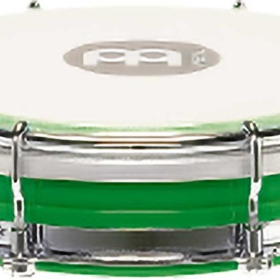 Pandeiro verde e transparente com pele branca e aro cromado.