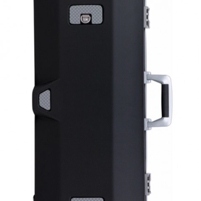 Mala rígida preta com alça cinzenta e fechaduras metálicas