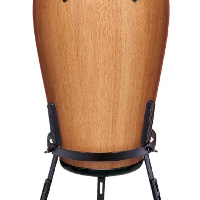 Conga de madeira clara com pele natural e suporte metálico preto